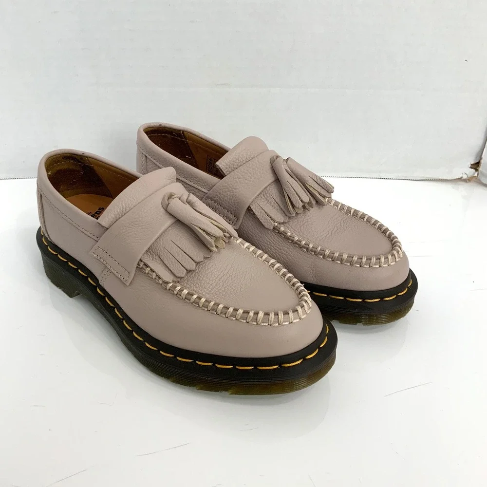 Dr. Martens Sz 6 Adrian Beige Gray Leather Kiltie Tassel Loafers Neutral Office